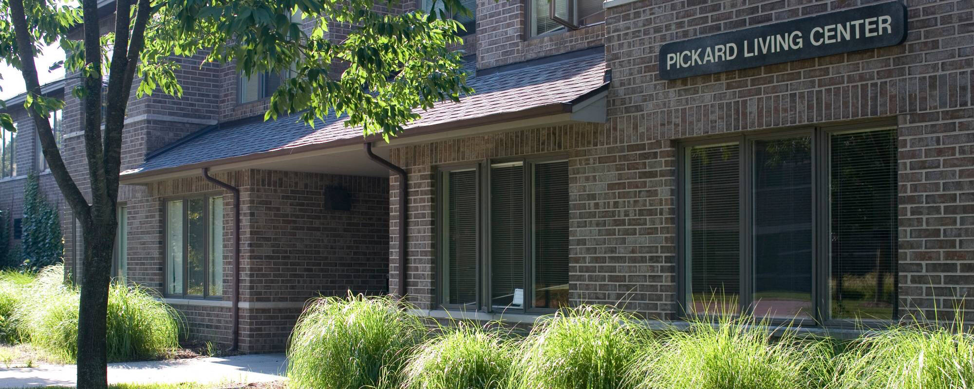 A brick building with a sign reading "Pickard Living Center" is partially shaded by trees. Lush greenery lines the path, creating a calm, inviting atmosphere.